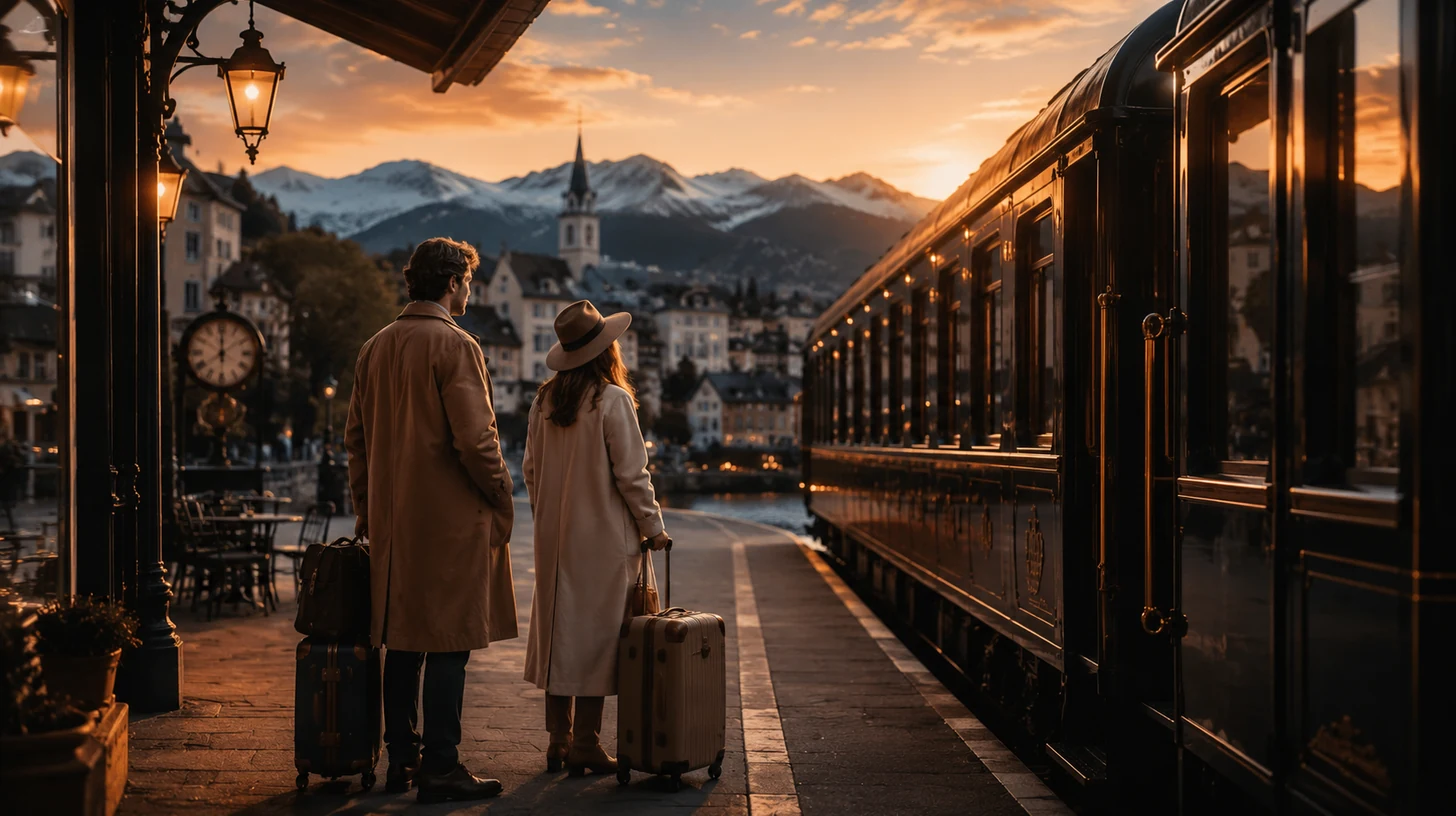 Reisende warten an einem ruhigen europäischen Bahnsteig vor einer Panoramafahrt